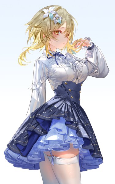 Anime picture 5000x8000 with genshin impact lumine (genshin impact) pottsness single tall image looking at viewer blush fringe highres short hair breasts simple background blonde hair hair between eyes large breasts standing yellow eyes payot absurdres long sleeves