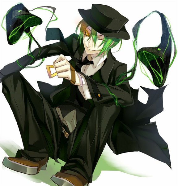 Anime picture 1000x1041 with blazblue hazama momiagenberugu single tall image short hair simple background smile white background yellow eyes one eye closed green hair wink squat boy hat necktie suit