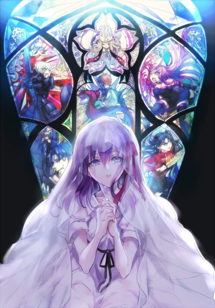 イラスト 872x1248 と Fateシリーズ fate/grand order フェイト／ステイナイト トゥルーティアーズ アルトリア・ペンドラゴン セイバー 遠坂凛 セイバーオルタ 間桐桜 rider 衛宮士郎 matou shinji matou zouken justeaze lizrich von einzbern 呱呱 長髪 長身像 カメラ目線 前髪 青い目