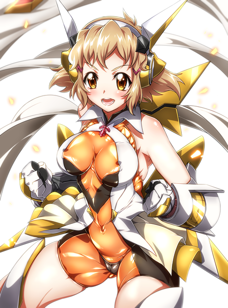 Anime picture 3013x4063 with senki zesshou symphogear satelight tachibana hibiki niko (tama) single tall image blush fringe highres breasts open mouth light erotic smile brown hair bare shoulders yellow eyes absurdres :d orange eyes spread legs