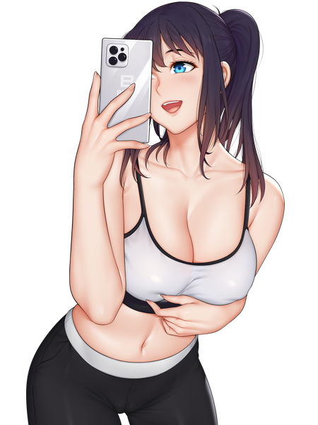 Anime picture 1920x2560 with original rannero single long hair tall image fringe highres breasts open mouth blue eyes light erotic black hair smile large breasts standing twintails holding payot looking away :d