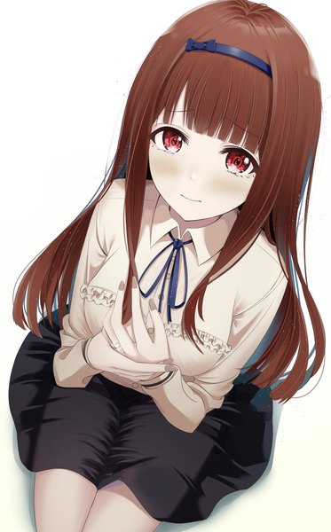 Anime picture 2533x4073 with idolmaster idolmaster million live! tanaka kotoha ryouta (ryouta335) single long hair tall image blush fringe highres simple background red eyes brown hair white background sitting blunt bangs nail polish from above girl skirt