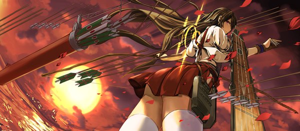 Anime picture 2285x1000 with kantai collection akagi aircraft carrier fujita (condor) long hair looking at viewer fringe highres light erotic brown hair wide image standing holding payot sky cloud (clouds) upper body outdoors traditional clothes japanese clothes profile