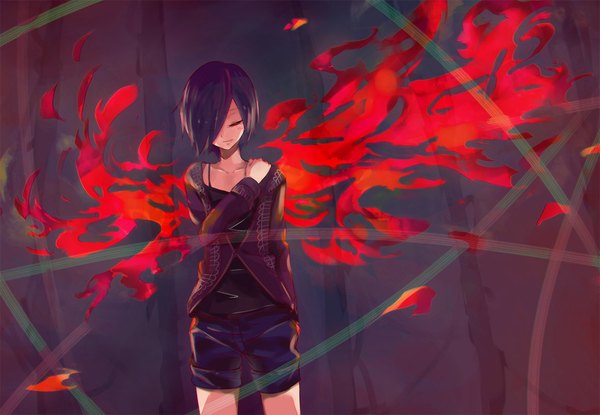 Anime picture 1150x797 with tokyo ghoul studio pierrot kirishima touka tomato (lsj44867) single fringe short hair standing purple hair eyes closed light smile hair over one eye grey background girl shorts kagune