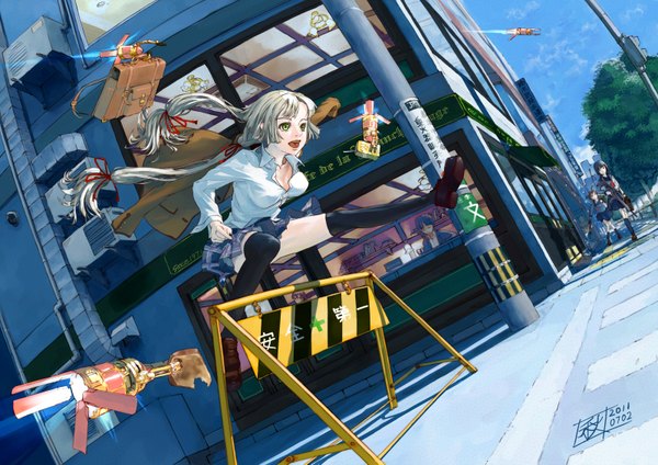 Anime picture 1600x1131 with original chitose shuusui (artist) open mouth multiple girls green eyes white hair dutch angle city jumping street girl thighhighs black thighhighs plant (plants) tree (trees) serafuku building (buildings) 4 girls school bag