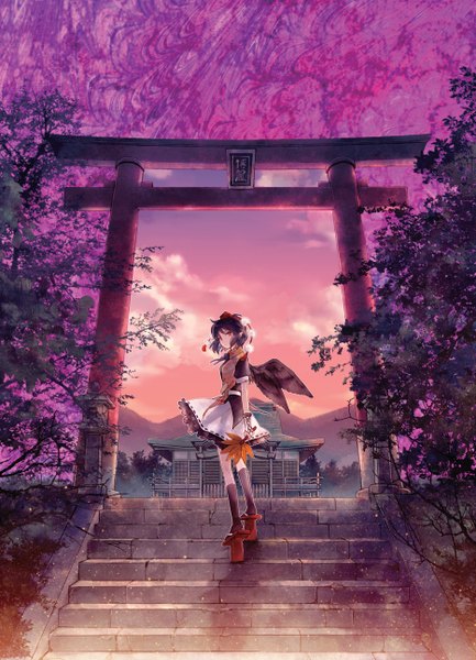 Anime picture 933x1292 with touhou shameimaru aya miyuki ruria single tall image looking at viewer short hair black hair red eyes holding back pink background black wings thighhighs dress hair ornament black thighhighs wings leaf (leaves) stairs