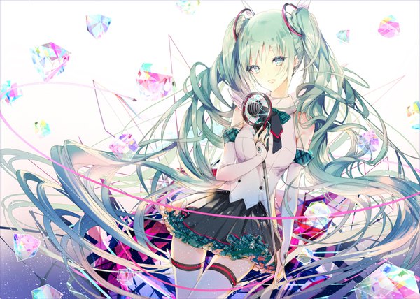 Anime-Bild 1500x1071 mit vocaloid hatsune miku kinokohime single looking at viewer open mouth twintails very long hair :d pleated skirt aqua eyes aqua hair zettai ryouiki singing girl thighhighs skirt detached sleeves white thighhighs microphone