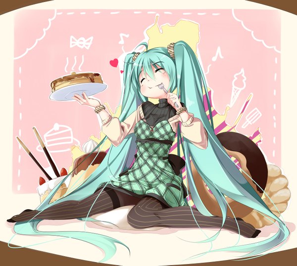 Anime picture 1500x1347 with vocaloid hatsune miku nasudora single long hair blush sitting twintails eyes closed very long hair aqua hair eating girl dress pantyhose food heart sweets jewelry scrunchie