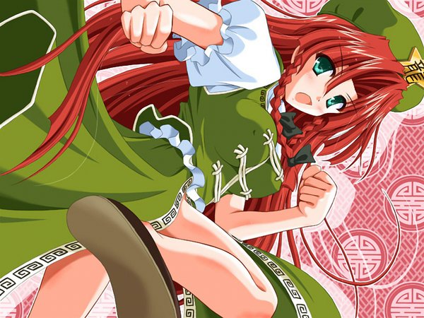 Anime picture 1600x1200 with touhou hong meiling green eyes red hair girl skirt skirt set