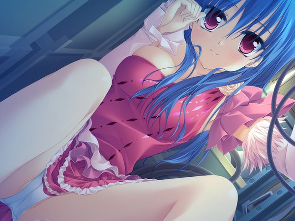 Anime picture 1200x900 with light erotic purple eyes blue hair game cg pantyshot pantyshot sitting girl dress