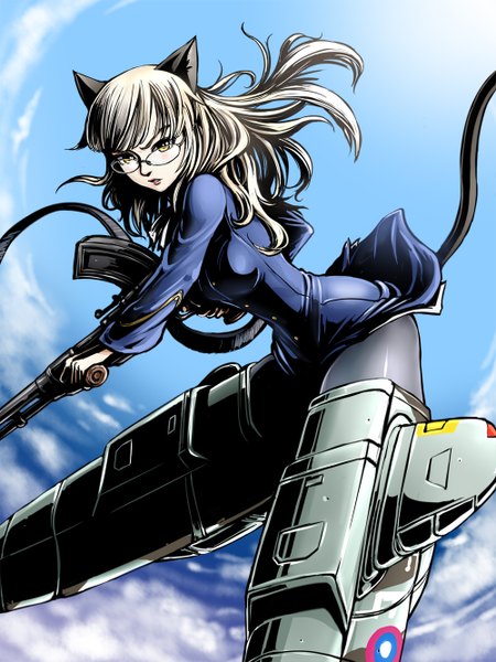 Anime-Bild 1000x1334 mit strike witches perrine h. clostermann amaguchi chiyoko single long hair tall image looking at viewer breasts large breasts holding animal ears yellow eyes sky cloud (clouds) outdoors white hair tail animal tail cat ears cat tail