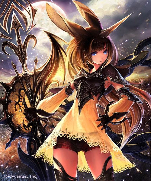 Anime picture 750x900 with shingeki no bahamut tachikawa mushimaro (bimo) single long hair tall image looking at viewer blue eyes black hair animal ears multicolored hair horn (horns) two-tone hair girl dress weapon detached sleeves sword shorts armor short shorts