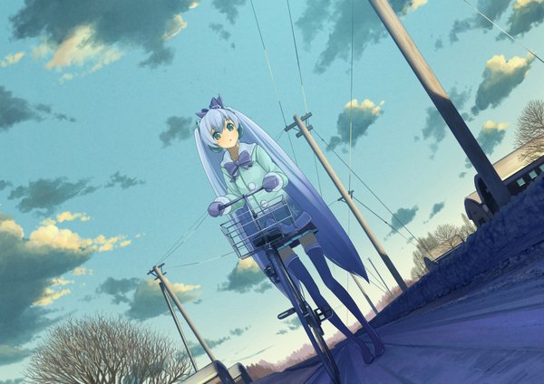 Anime picture 2000x1415 with vocaloid hatsune miku yuki miku yuki miku (2012) domo1220 single looking at viewer blush fringe highres twintails blue hair sky cloud (clouds) outdoors very long hair parted lips pleated skirt aqua eyes from below