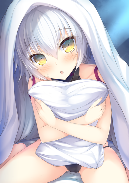 Anime picture 707x1000 with fate (series) fate/grand order jack the ripper (fate/apocrypha) taiki ken single tall image looking at viewer blush short hair light erotic sitting yellow eyes silver hair head tilt :o tattoo wariza scar pillow hug girl