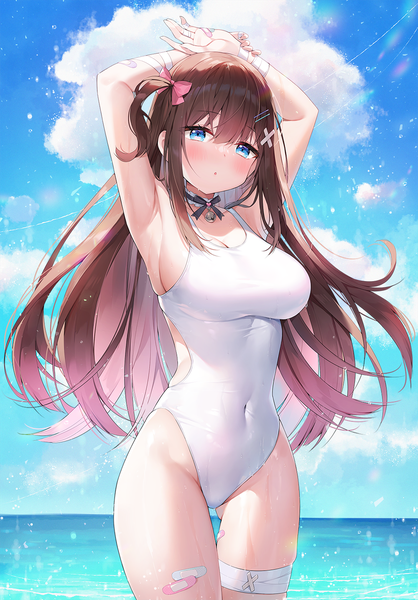 Anime picture 1000x1434 with virtual youtuber indie virtual youtuber ayamy (vtuber) ayami (annahibi) single long hair tall image looking at viewer blush fringe breasts open mouth blue eyes light erotic hair between eyes brown hair large breasts standing sky cleavage