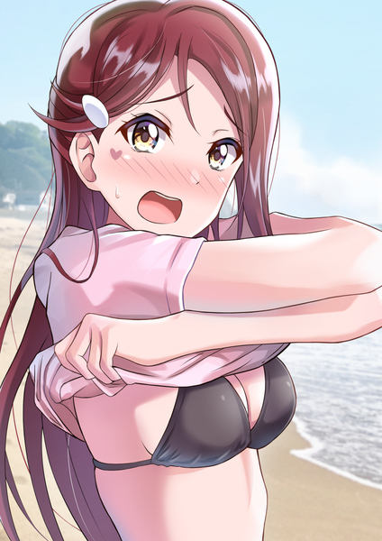 Anime picture 849x1200 with love live! sunshine!! sunrise (studio) love live! sakurauchi riko aranami shibuki single long hair tall image looking at viewer blush fringe breasts open mouth light erotic standing yellow eyes sky cleavage cloud (clouds) upper body