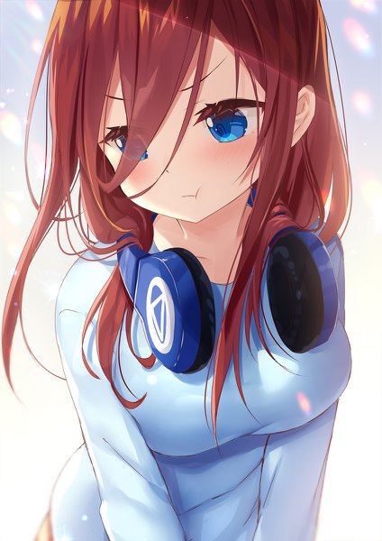 Anime picture 848x1200 with go-toubun no hanayome nakano miku yano mitsuki single long hair tall image blush fringe breasts blue eyes simple background hair between eyes brown hair payot upper body gradient background looking down headphones around neck :t puffy cheeks