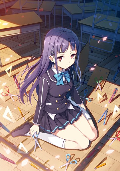 Anime picture 631x900 with ange vierge ichikura (bk) single long hair tall image fringe breasts red eyes sitting holding looking away purple hair indoors pleated skirt shadow wariza floor classroom girl skirt