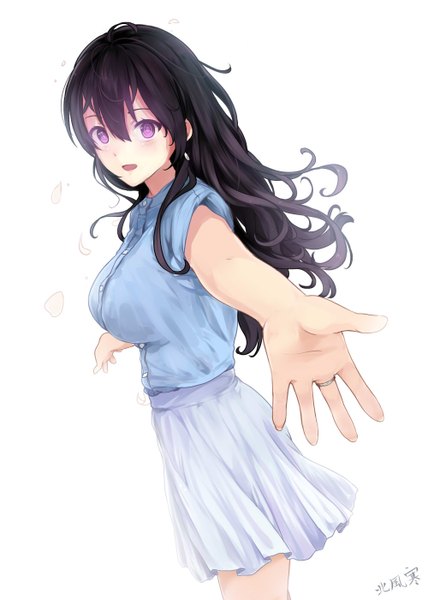 Anime picture 1000x1400 with original miyaura sanshio beifeng han single long hair tall image looking at viewer blush open mouth black hair white background purple eyes girl dress petals