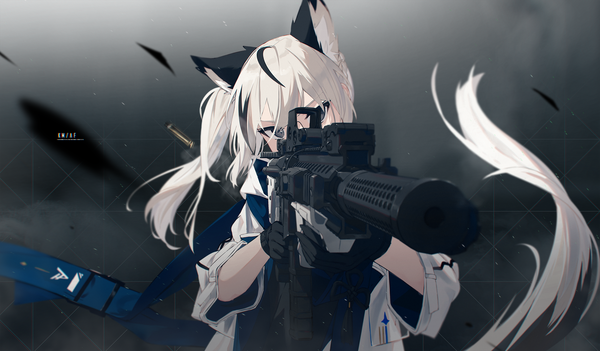 Anime picture 2550x1492 with original nagishiro mito single long hair fringe highres simple background wide image holding animal ears looking away upper body white hair tail animal tail multicolored hair grey eyes streaked hair fox ears side ponytail