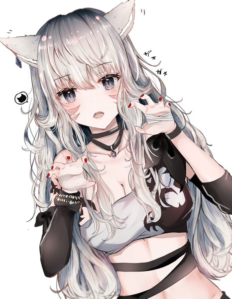 Anime picture 718x924 with final fantasy final fantasy xiv square enix miqo'te sakura mochiko single long hair tall image fringe breasts open mouth light erotic simple background hair between eyes large breasts white background animal ears silver hair upper body nail polish