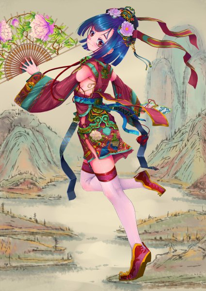 Anime picture 1900x2683 with original fangxiang cuoluan tall image blush highres short hair red eyes blue hair traditional clothes japanese clothes girl thighhighs hair ornament flower (flowers) kimono fan
