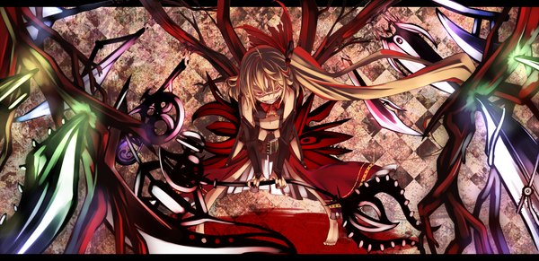 Anime picture 1805x876 with touhou flandre scarlet mito (calcomer) highres light erotic blonde hair red eyes wide image alternate costume letterboxed alternate wings girl gloves underwear panties weapon wings elbow gloves laevatein (touhou)