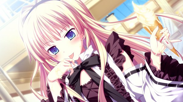 Anime picture 1280x720 with fortissimo//akkord:bsusvier (game) ooba kagerou long hair blue eyes blonde hair wide image game cg girl dress food hairband sweets ice cream