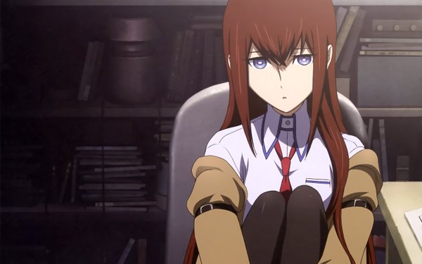 Anime picture 2560x1600 with steins;gate white fox makise kurisu single long hair looking at viewer highres blue eyes brown hair wide image sitting girl shirt necktie