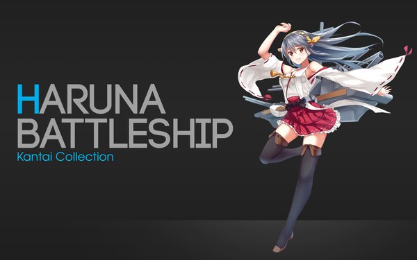 Anime picture 2560x1600 with kantai collection haruna battleship assassinwarrior zi se single long hair looking at viewer blush fringe highres breasts simple background smile hair between eyes brown eyes full body wind grey hair wallpaper copyright name