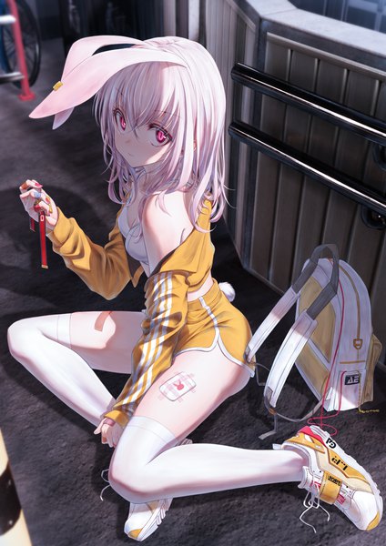 Anime picture 2894x4093 with tsumi no hahen (debris) lirin (bae.c) bae.c single long hair tall image looking at viewer fringe highres breasts light erotic hair between eyes sitting holding animal ears cleavage full body bent knee (knees) outdoors white hair