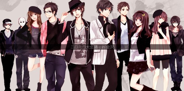 Anime picture 2505x1240 with nico nico singer tagme (character) gero (singer) nero (nico nico singer) kettaro hatsuko long hair fringe highres short hair open mouth smile brown hair wide image multiple girls brown eyes one eye closed wink hair over one eye multiple boys