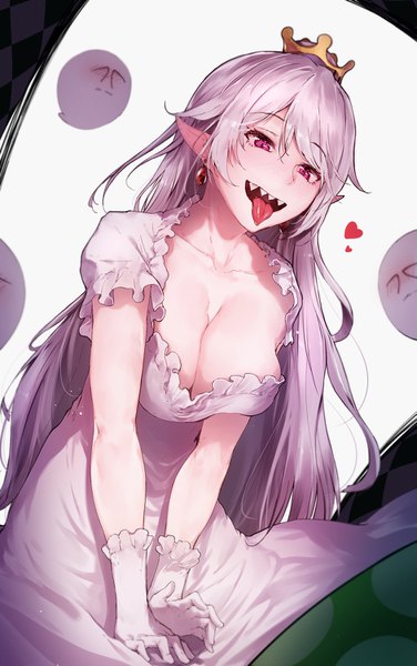 Anime picture 941x1500 with super mario bros. new super mario bros. u deluxe princess king boo boo (mario) hplay (kyoshinou) single long hair tall image blush fringe breasts open mouth light erotic large breasts standing purple eyes payot cleavage white hair pink eyes