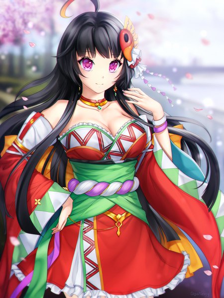 Anime picture 750x1000 with stella glow sega sakuya (stella glow) gigamessy single long hair tall image looking at viewer blush fringe breasts black hair standing bare shoulders sky cleavage ahoge outdoors traditional clothes japanese clothes