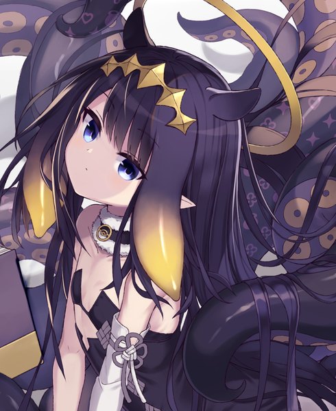 Anime-Bild 1866x2283 mit virtual youtuber hololive hololive english ninomae ina'nis ninomae ina'nis (1st costume) satou (3366 s) single long hair tall image looking at viewer highres blue eyes purple hair pointy ears flat chest cropped tentacle hair girl dress halo