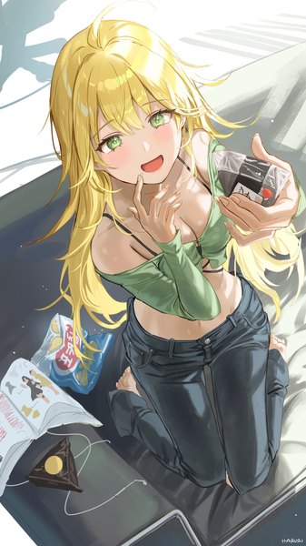 Anime picture 1000x1778 with idolmaster idolmaster (classic) hoshii miki haruri single long hair tall image looking at viewer blush fringe breasts open mouth light erotic blonde hair smile holding green eyes cleavage ahoge :d