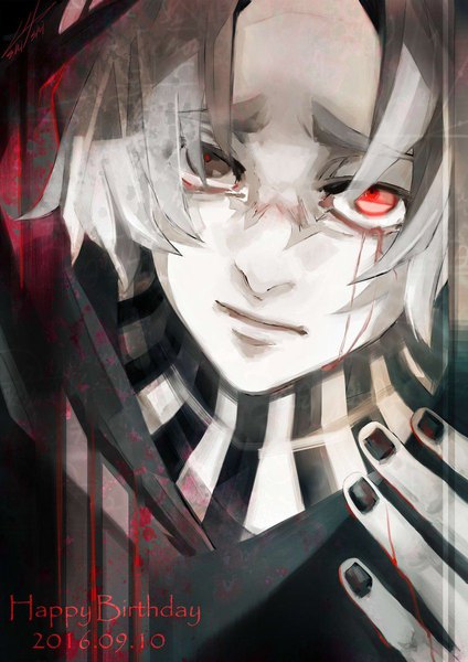 Anime picture 848x1199 with tokyo ghoul studio pierrot takizawa seidou shishi (eai make) single tall image looking at viewer short hair red eyes upper body white hair nail polish arm up grey eyes tears heterochromia dated striped happy birthday frown