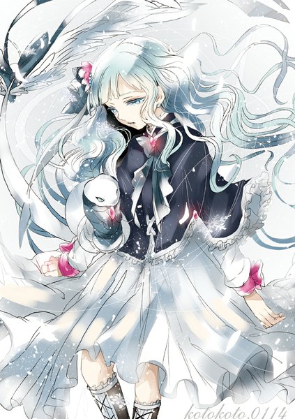 Anime picture 800x1134 with original koto2 single long hair tall image fringe open mouth signed aqua eyes aqua hair snowing winter girl dress knee boots snowflake (snowflakes) snake