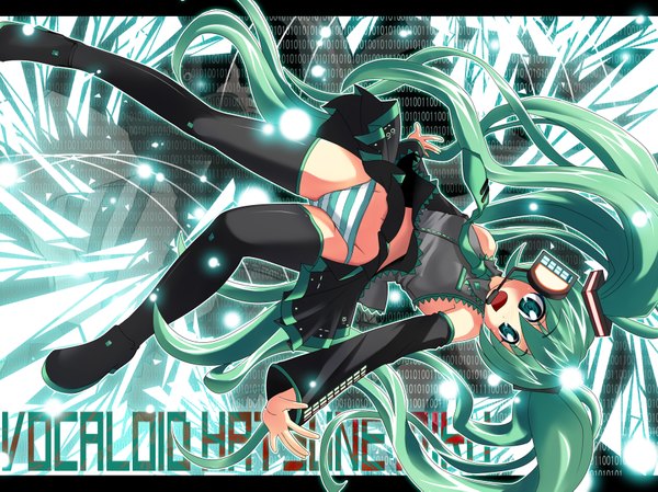 Anime picture 1778x1333 with vocaloid hatsune miku hidamarinet single long hair highres open mouth light erotic twintails aqua eyes aqua hair girl thighhighs underwear panties black thighhighs detached sleeves necktie thigh boots striped panties