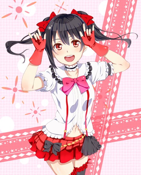 Anime picture 1000x1239 with love live! school idol project sunrise (studio) love live! yazawa nico yurimo single long hair tall image looking at viewer blush fringe open mouth red eyes standing twintails pink background mmm girl thighhighs skirt