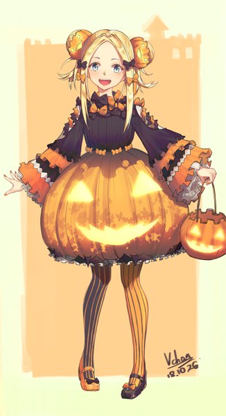 Anime picture 1480x2720 with fate (series) fate/grand order abigail williams (fate) vchan single long hair tall image looking at viewer open mouth blue eyes blonde hair standing signed payot full body nail polish :d hair bun (hair buns) dated halloween