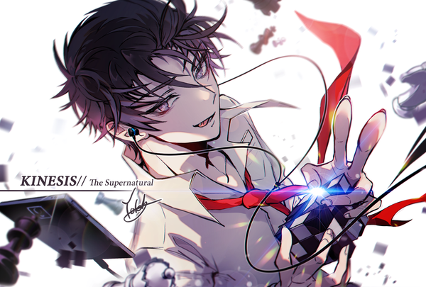 Anime picture 1819x1228 with maplestory kinesis yoteh single fringe highres short hair black hair smile hair between eyes white background holding signed upper body grey eyes character names light open collar smirk boy