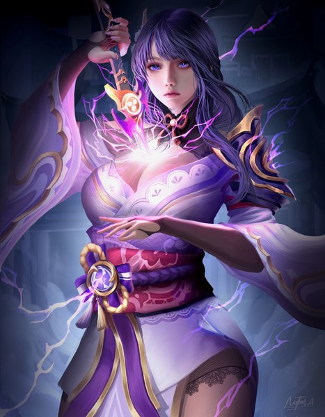 Anime picture 2000x2568 with genshin impact raiden shogun naufal amanda single long hair tall image looking at viewer fringe highres breasts large breasts standing purple eyes holding signed cleavage purple hair nail polish traditional clothes japanese clothes