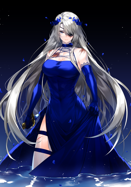 Anime picture 900x1275 with original lydia macarthur waka (shark waka) single long hair tall image looking at viewer fringe breasts simple background standing bare shoulders holding silver hair hair over one eye gradient background partially submerged covered navel scar side slit