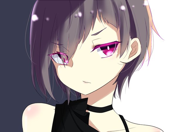 Anime-Bild 1600x1200 mit nico nico singer reol (singer) leels single fringe short hair simple background hair between eyes brown hair purple eyes bare shoulders looking away lens flare portrait girl