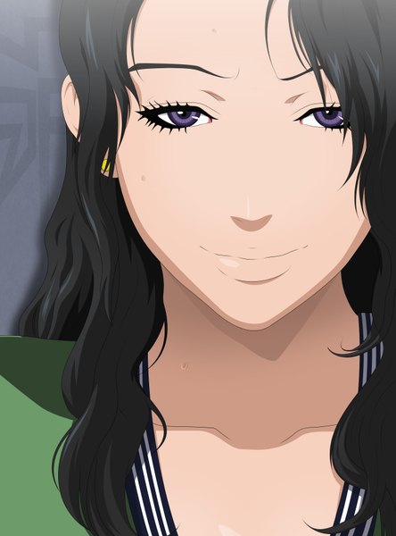 Anime picture 1280x1730 with wolf guy tagme (character) single long hair tall image black hair purple hair light smile grey background face girl earrings