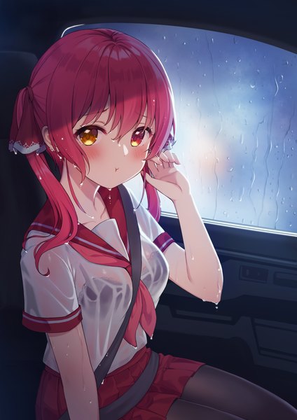 Anime picture 2480x3509 with virtual youtuber hololive houshou marine fukuro ko (greentea) single long hair tall image looking at viewer blush fringe highres breasts light erotic hair between eyes red eyes sitting twintails yellow eyes red hair arm up