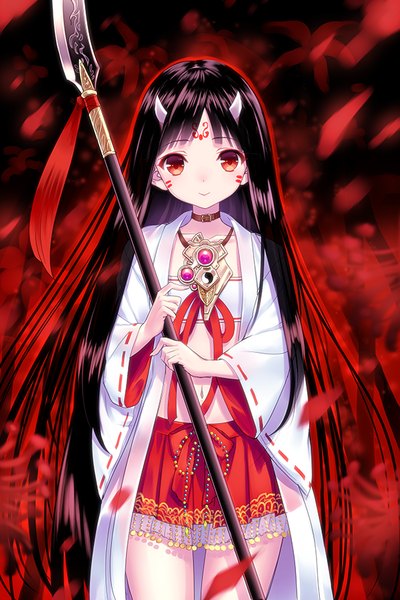 Anime picture 585x877 with original siso (artist) single long hair tall image black hair smile red eyes traditional clothes horn (horns) facial mark whisker markings oni horns face paint girl navel weapon pendant spear