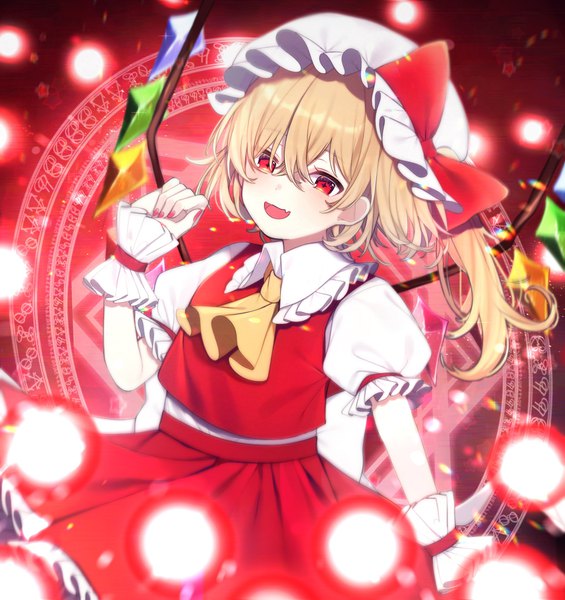 Anime picture 1600x1700 with touhou flandre scarlet yurui tuhu single tall image fringe short hair open mouth blonde hair hair between eyes red eyes :d puffy sleeves one side up magic danmaku girl skirt hat wings