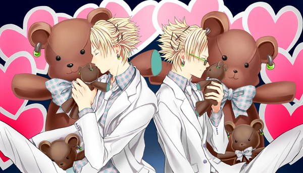 Anime picture 1400x800 with dramatical murder nitro+chiral trip (dramatical murder) virus (dramatical murder) short hair blonde hair wide image silver hair eyes closed multiple boys kiss back to back boy glasses necktie heart bowtie 2 boys toy stuffed animal
